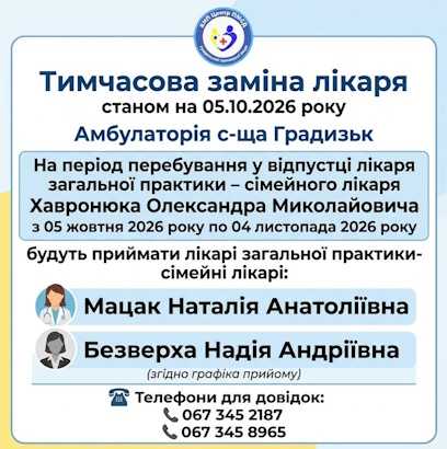 Лікар ЗП-СЛ Хавронюк О.М з 05.10.2026 по 04.11.2026 буде відсутній