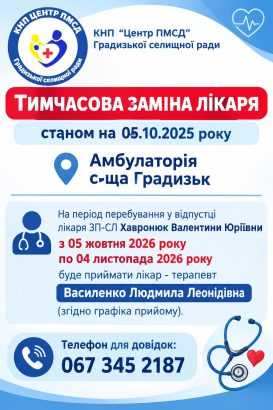 Лікар ЗП-СЛ Хавронюк В.Ю з 05.10.2026 по 04.11.2026 буде відсутня